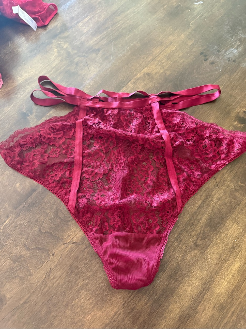 Sheer Lace High-Waist Panty with Satin Straps - Wine